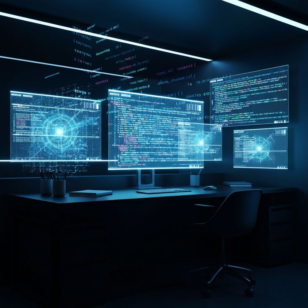 AI-assisted vibe coding workspace with multiple holographic screens